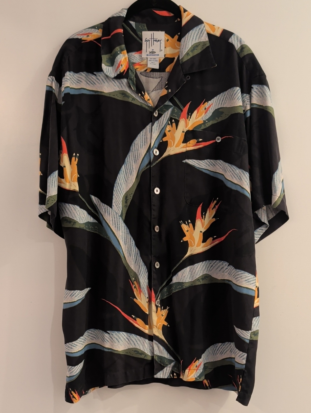 Guy Harvey By AFTCO Bluewater 100% Silk Button Down Short Sleeve Shirt Size L